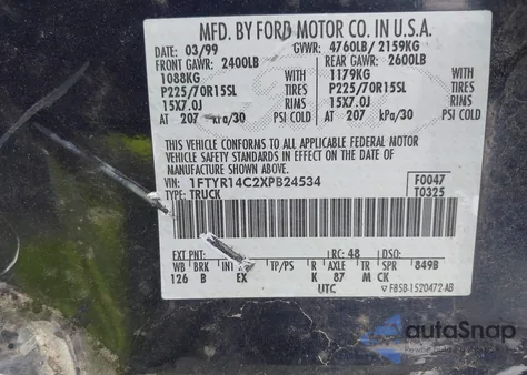 1999 Ford Ranger Xl/Xlt z USA, uszkodzony, nr VIN 1FTYR14C2XPB24534